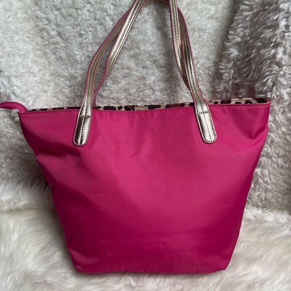 Luv Betsey by Betsey Johnson hot pink fabric Tote faux leather gold straps - Picture 2 of 13
